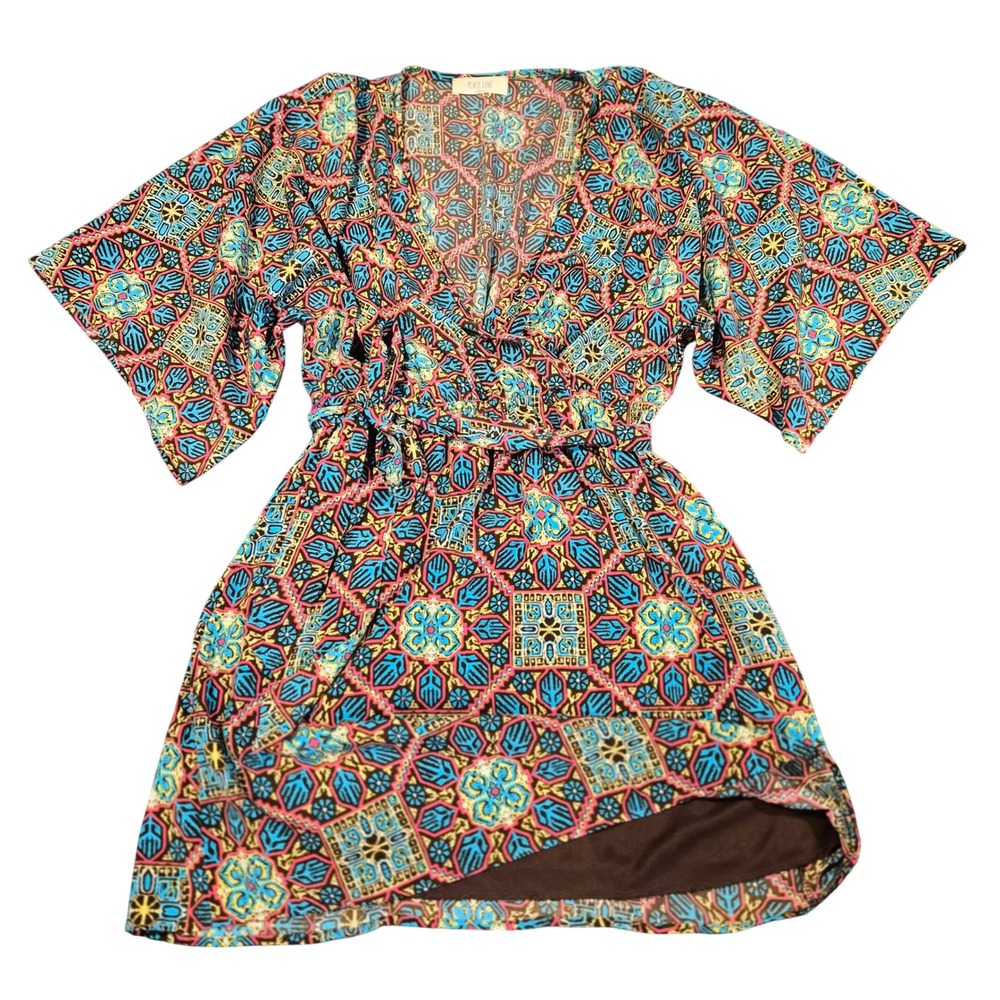 Peach Love California Geometric Kaleidoscope Wrap Mini Dress Small D9002-03